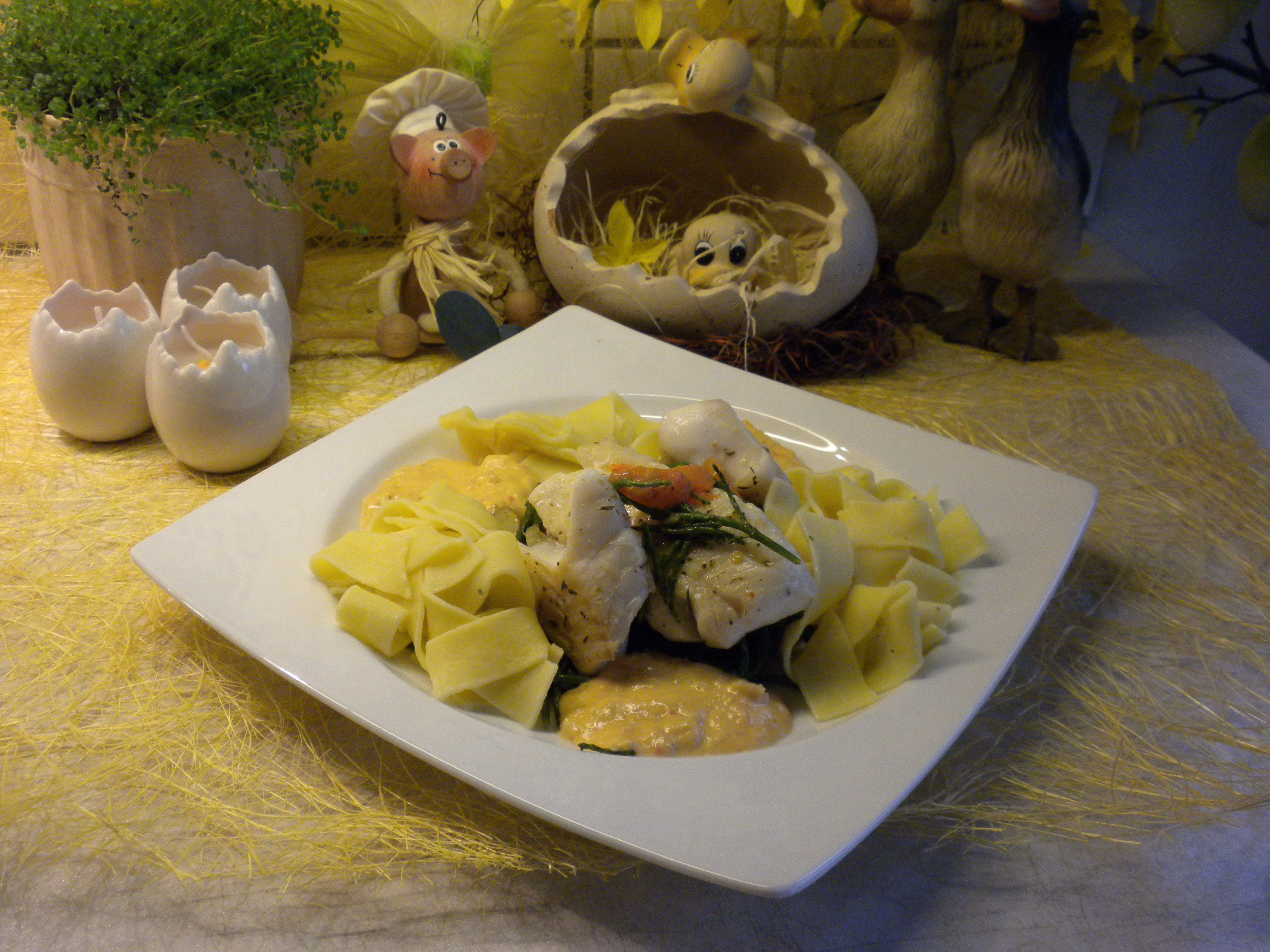 Pasta met zeeduivel op een bedje van zeekraal