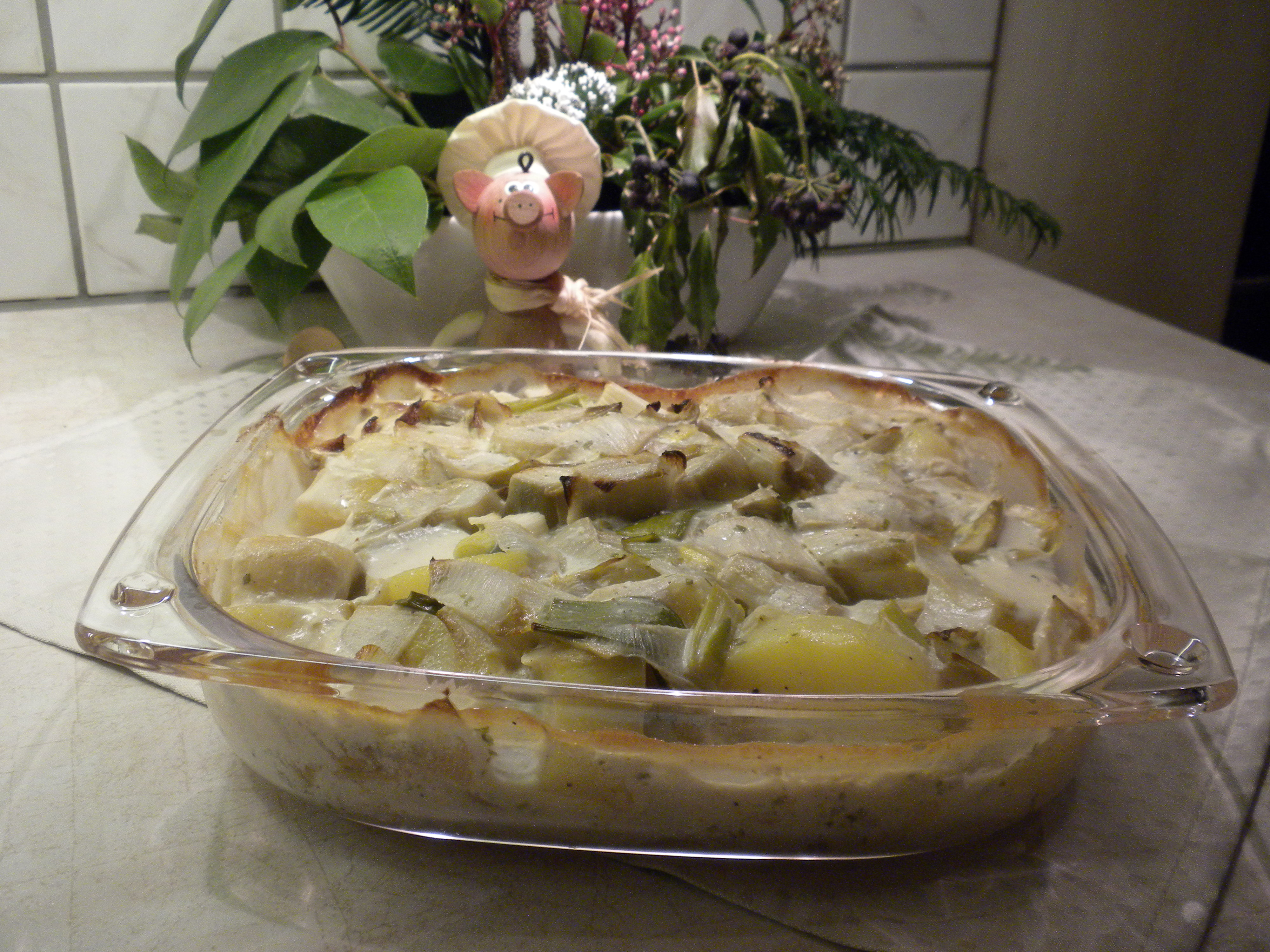 Ovenschotel met aardappelen, witloof en lente uitjes