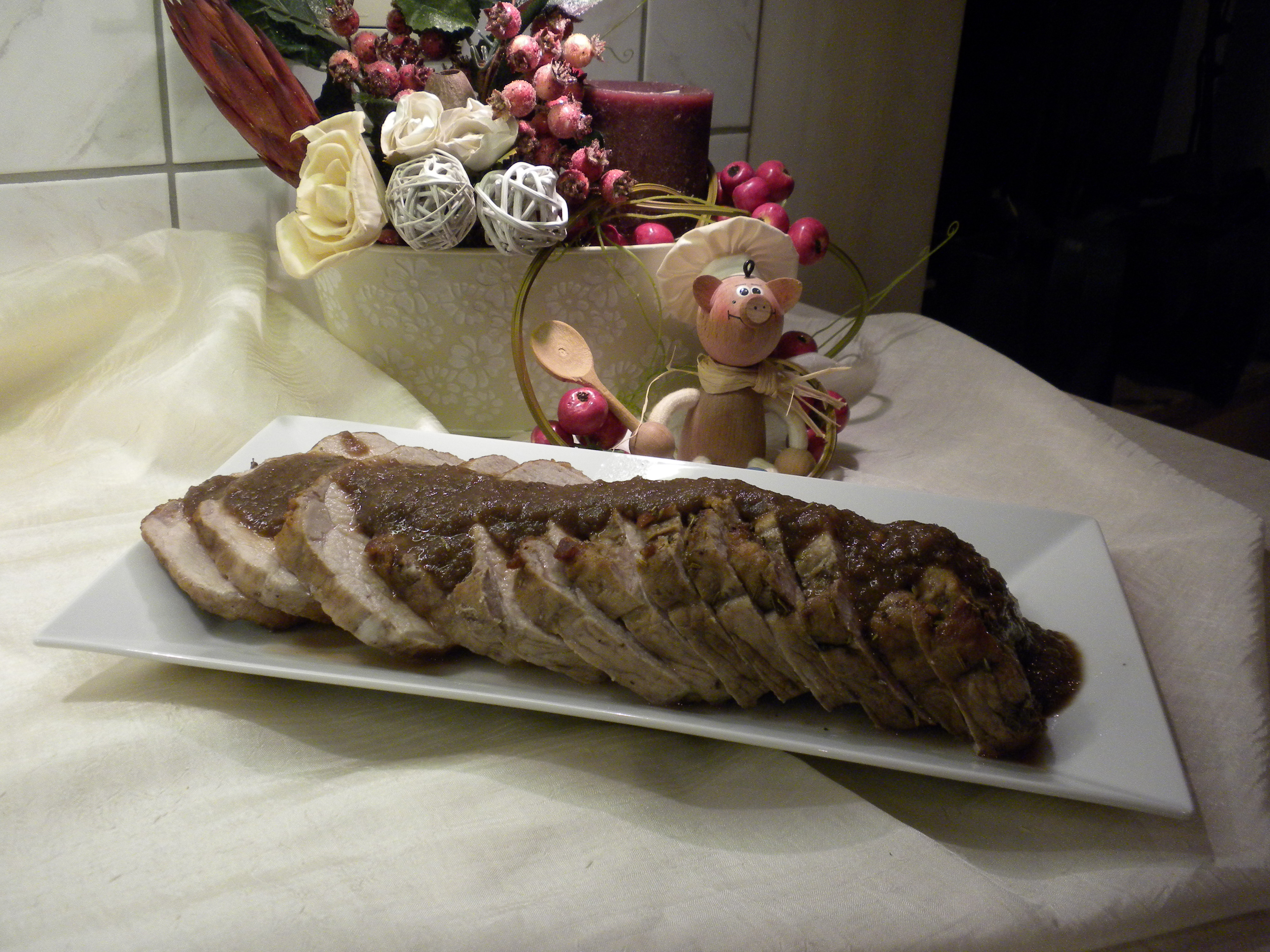 Varkensfiletgebraad met rode ajuin en rode porto