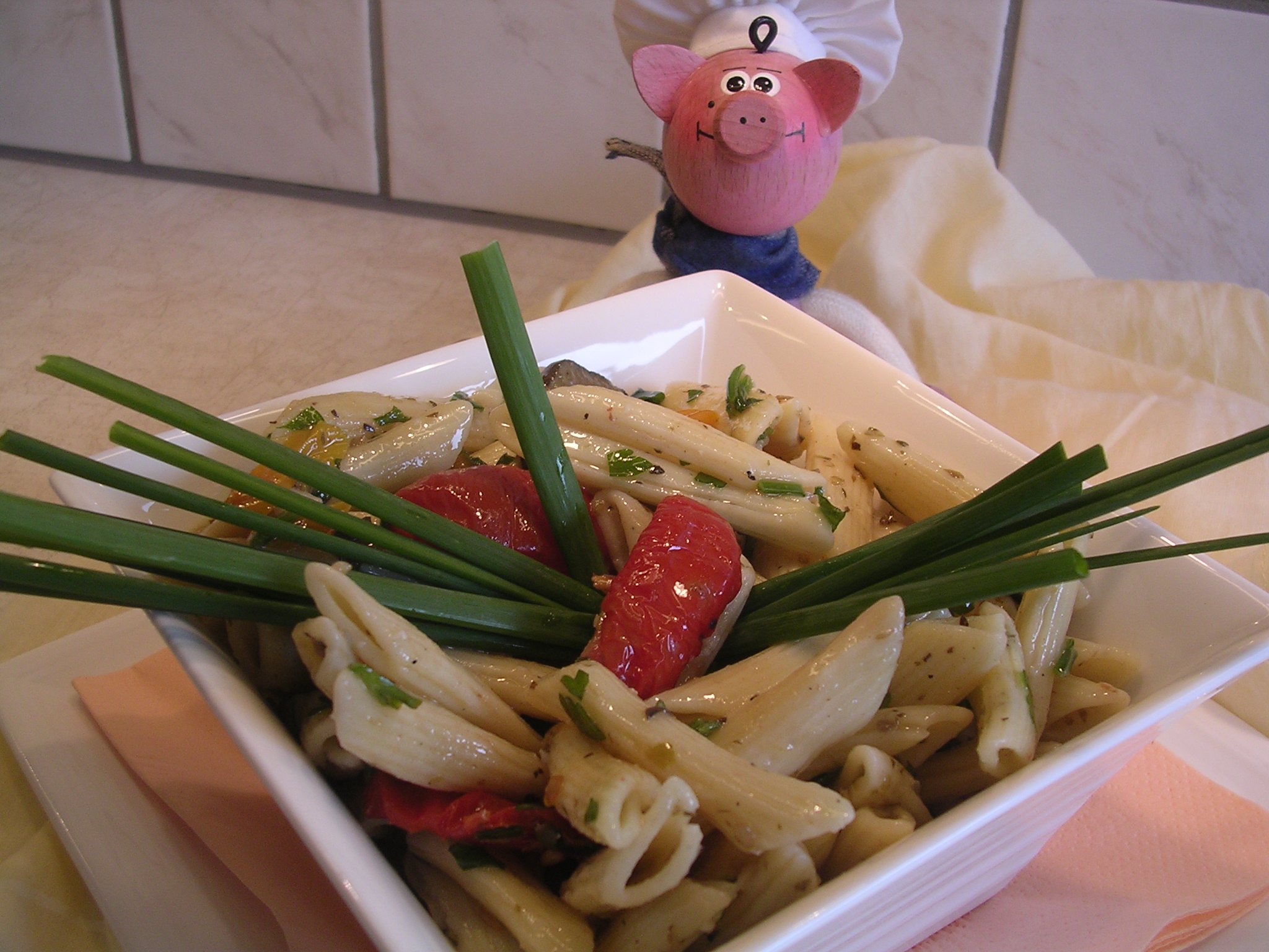 Penne met lookpasta en bladpeterselie