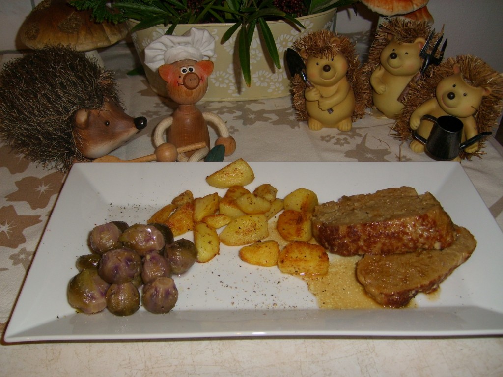 Dagschotel: paarse spruiten met opgebakken aardappelen met vleesbroodje in een natuursaus