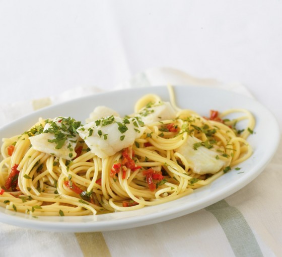 Spaghetti aglio e olio met kabeljauwfilet