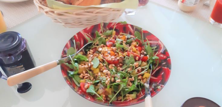 Courgettesalade met tomaatjes, paprika, rucola en pijnboompitten