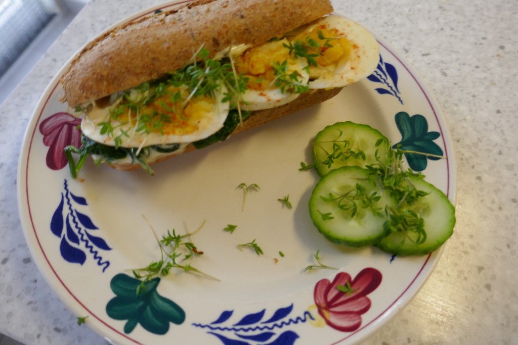 Broodje ei met babyspinazie en tuinkers.