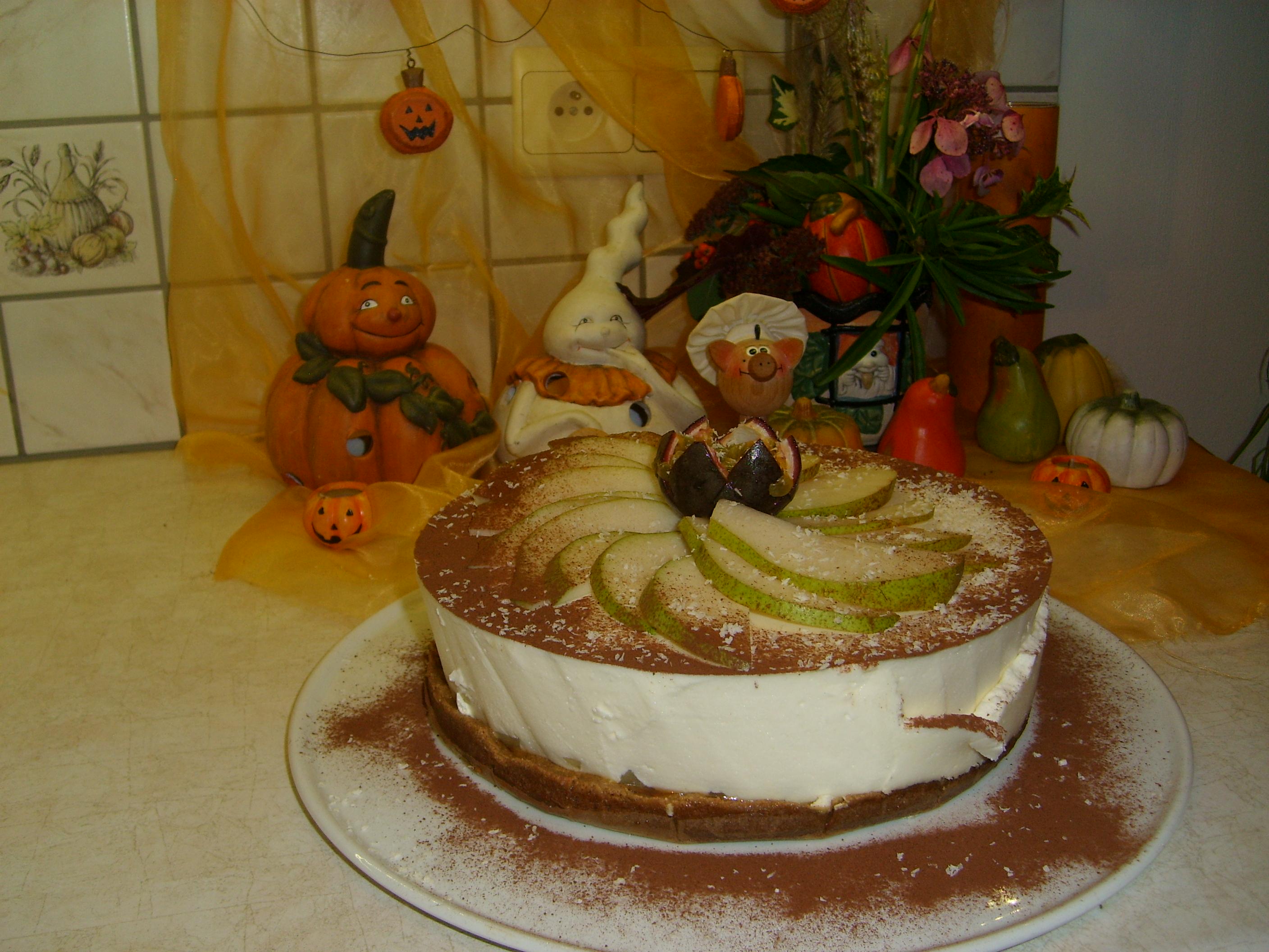 Dessert: platte kaastaart met cocos en peren