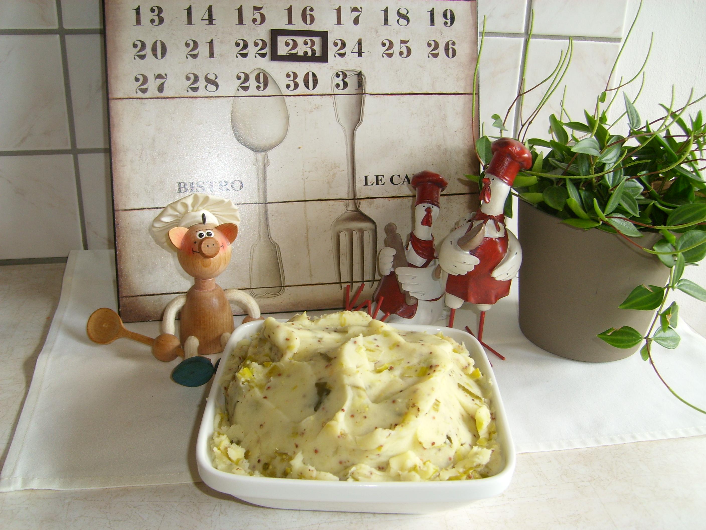 Aardappelpuree met porei en grove mosterd