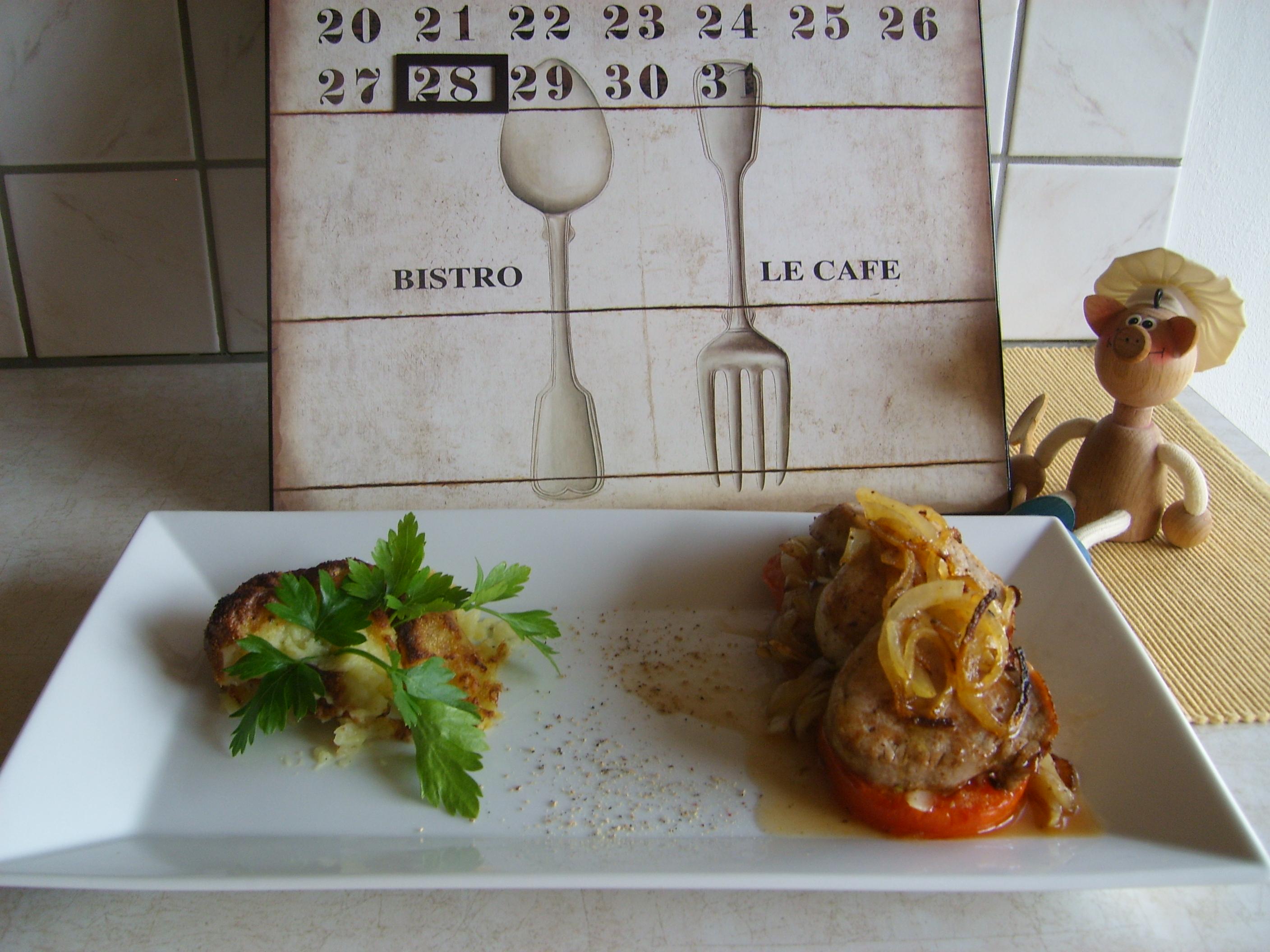 Dagschotel: varkenshaasje met een verrassing van groenten geserveerd met aardappelpuree gorgonzola
