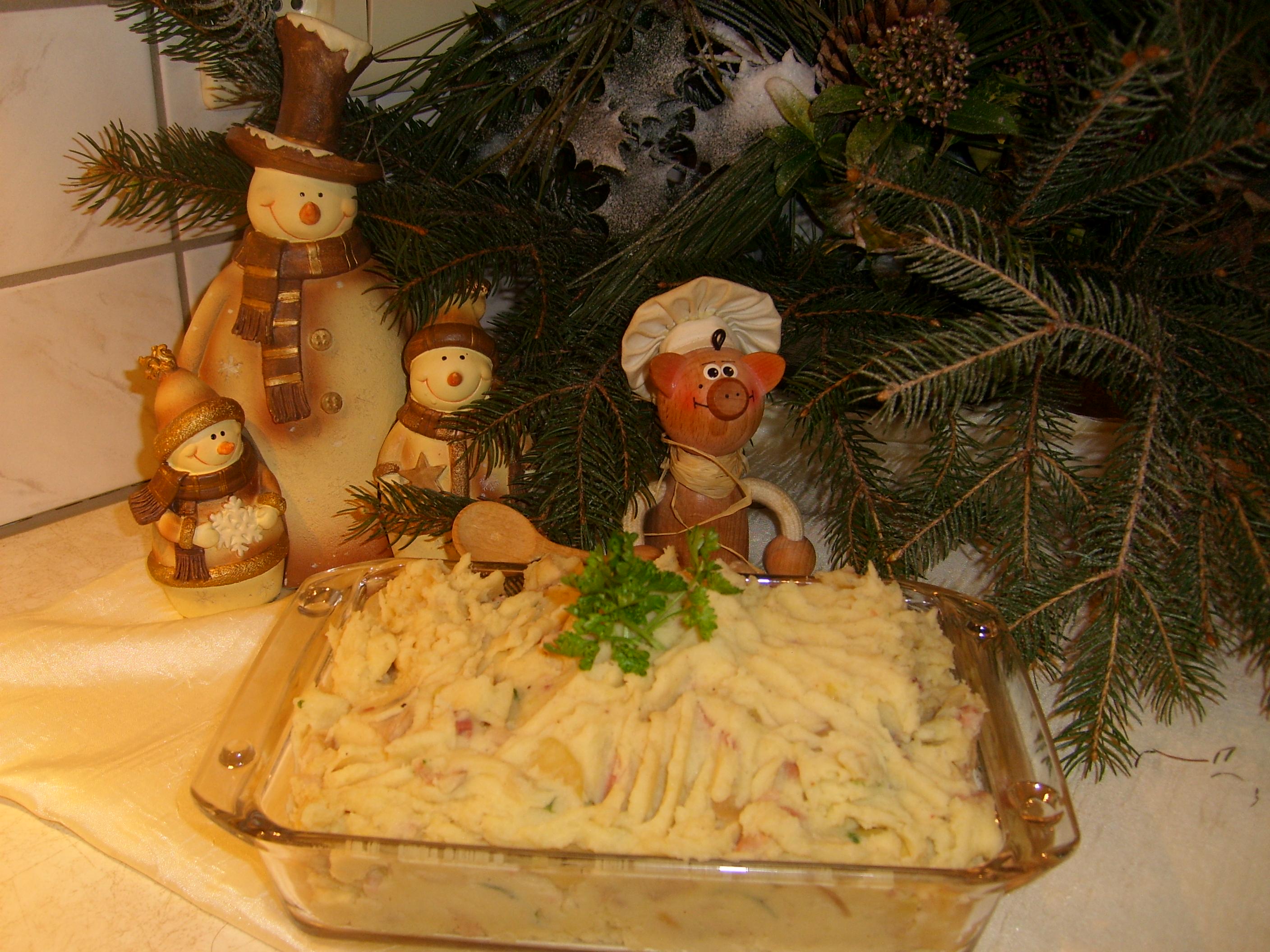 Aardappelpuree met appel, spek en champignons