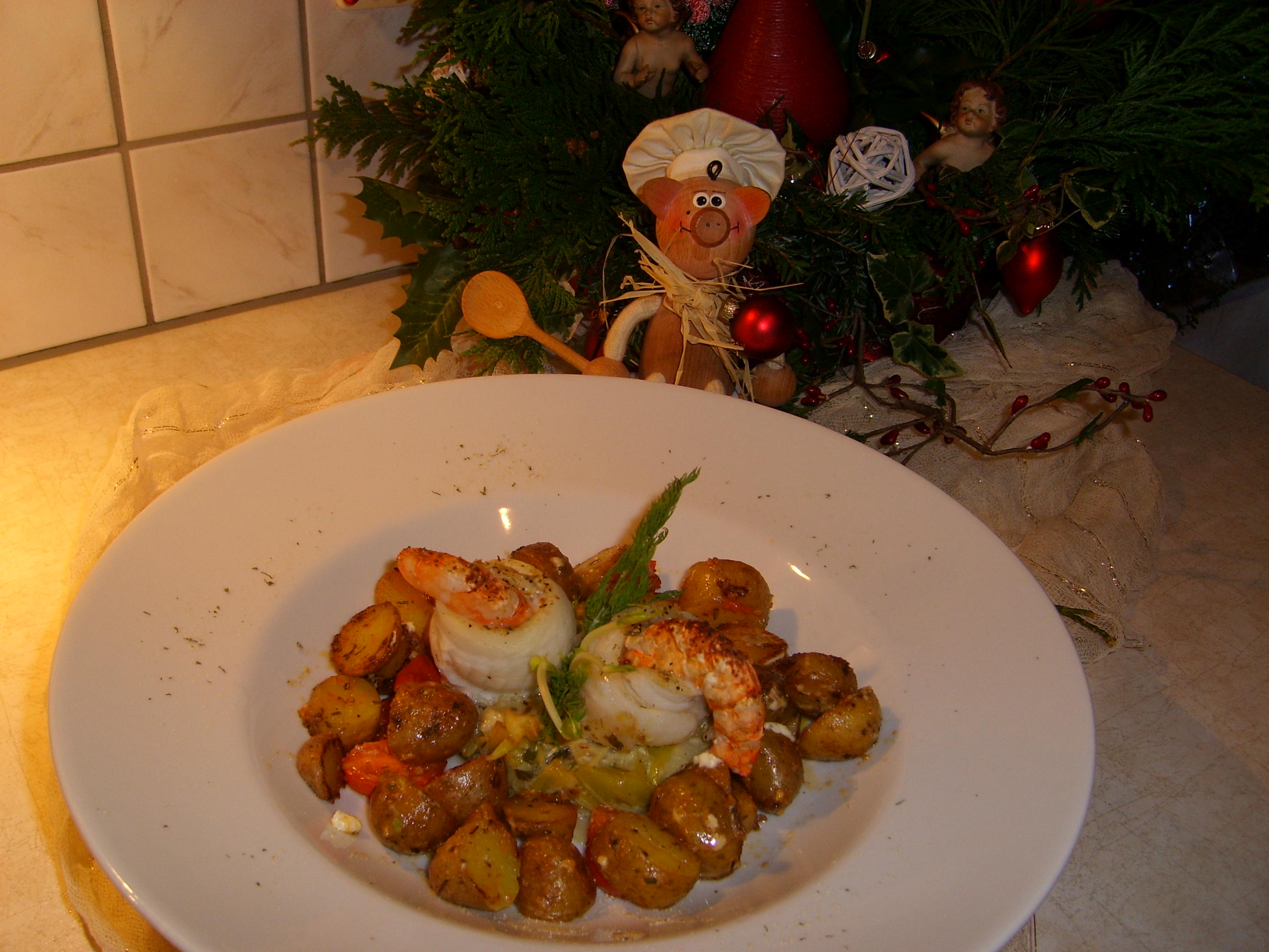 Pangasiusrolletjes gevuld met scampi's