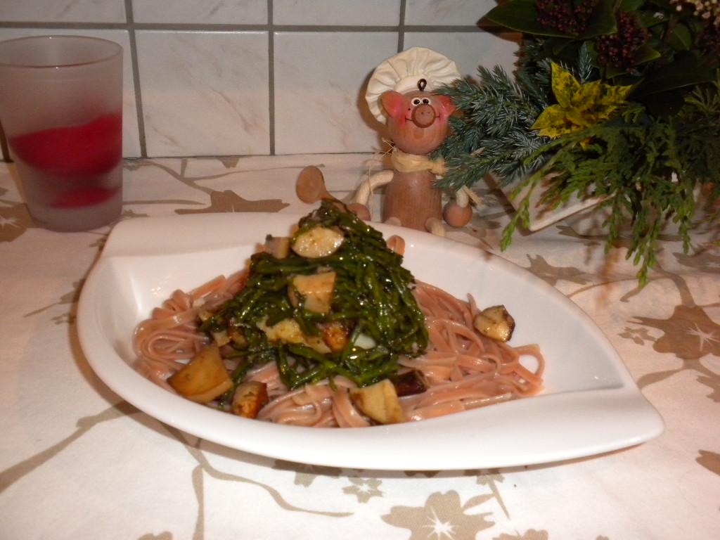 Pasta met distelzwam en koolvislyon