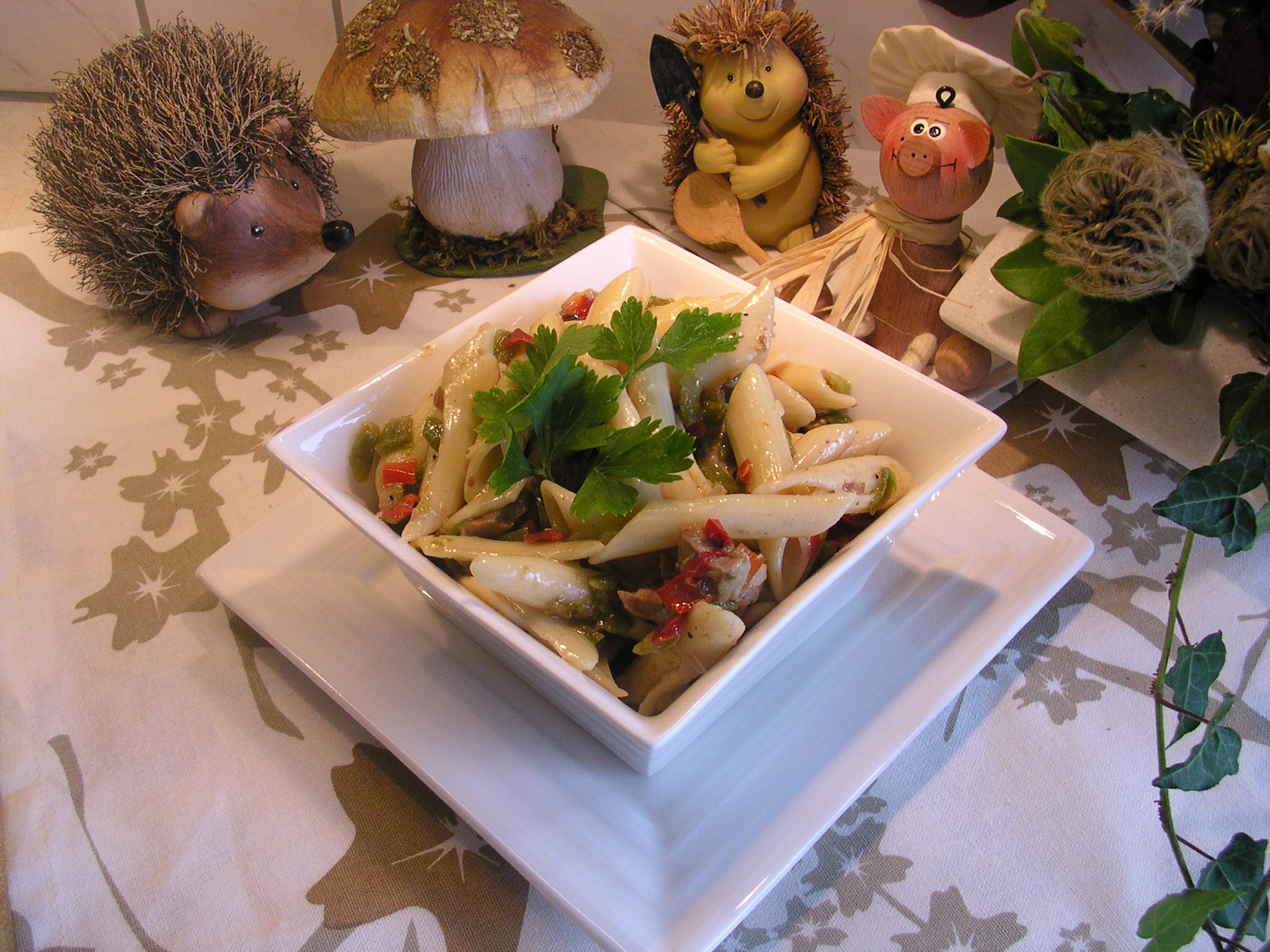 Penne goed gekruid met paprika en varkenshaasje