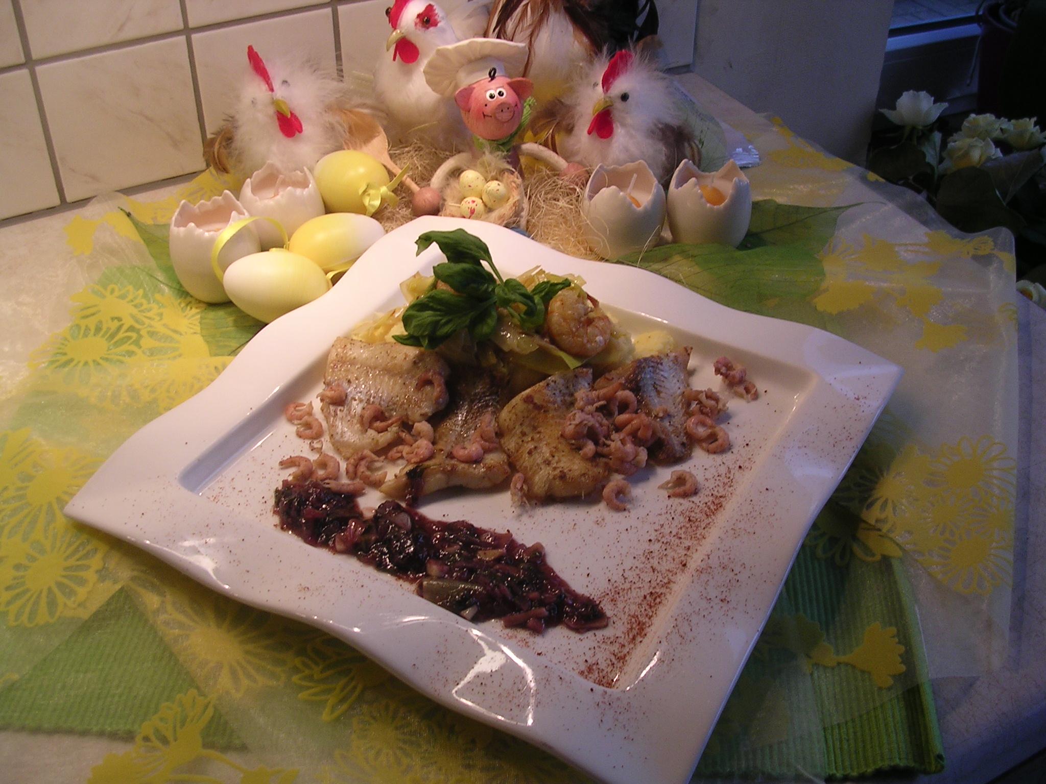 Pangasiusfilet met een rood porto vijgensausje