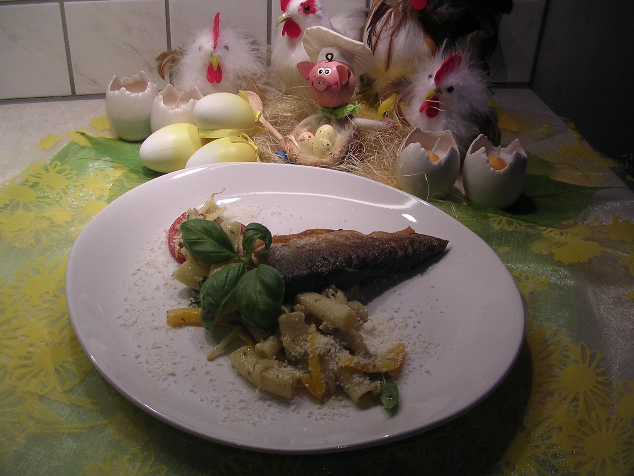 Forel-filet met lente kleuren