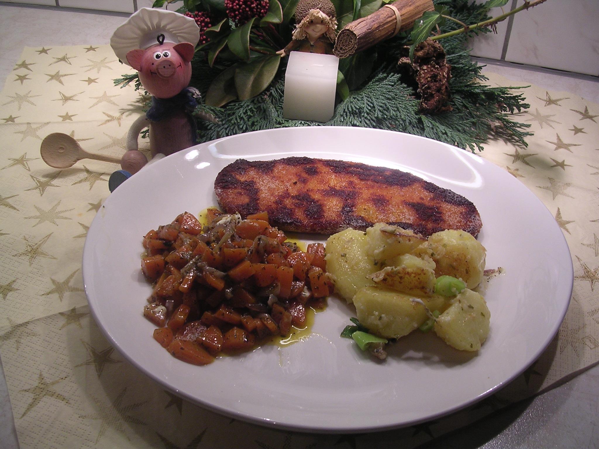 Kalkoen schnitsel met opgebakken wortelen