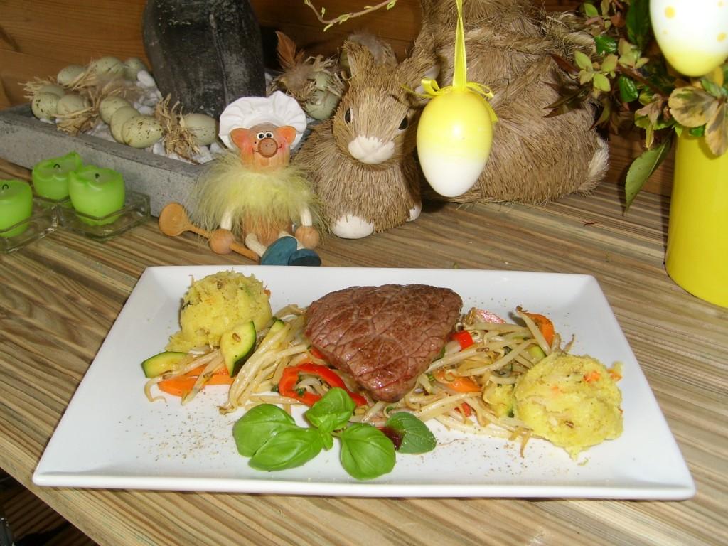 Dagschotel: frisse groenten met aardappelpuree en rumsteak