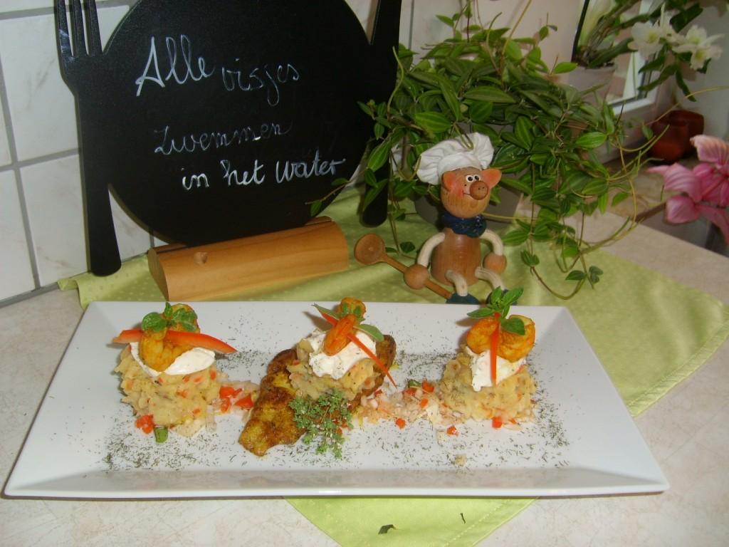 Dagschotel : gerechtje van vis met zijn garnituren uit de doos van mijn sloebers