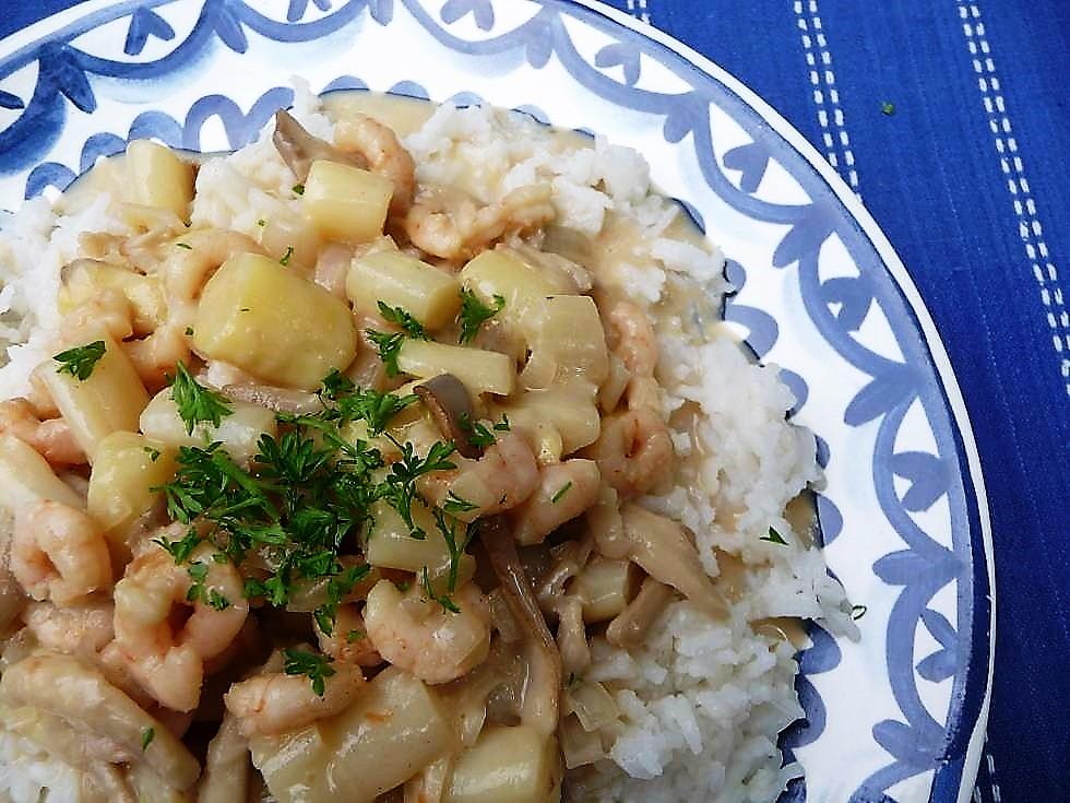 Ragout met asperges, oesterzwammen & garnalen