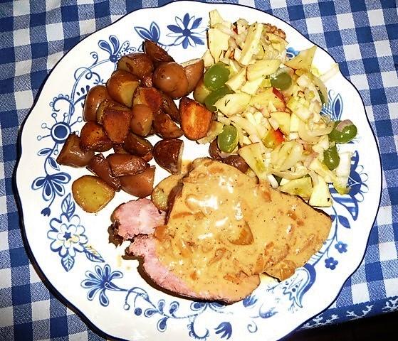 Ardeens gebraad met romige mosterd/uiensaus