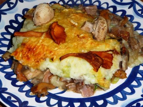 Ovenschotel met cantharellen, champignons en gehakt