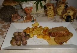 Dagschotel: paarse spruiten met opgebakken aardappelen met vleesbroodje in een natuursaus