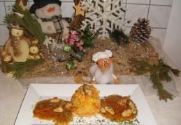 Dagschotel: wortelpuree op een kalkoenlapje geserveerd met wortelblokjes in een sausje van drambuie