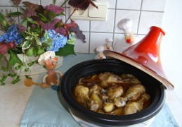 Tajine: kippenboutjes in rode wijn met een waaier van paddenstoelen