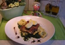 Tortellini met spinazie en snoekbaarsfilet gepaneerd