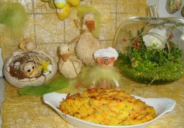 Aardappelpuree met lente groenten onder de grill