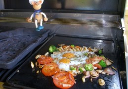 Plancha: spiegeleike vers van de pers met groenten als heerlijke lunch