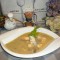 Soepje gorgonzola piccante met groenten en scampi's