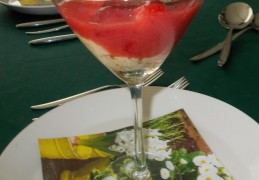 Mangocreme met aardbeien