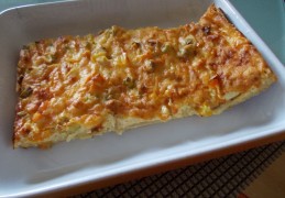 Quiche van casinobrood met ham, kaas, champignons, paprika en eieren