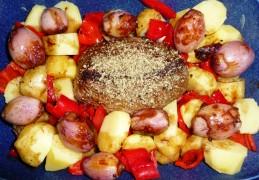 Ovenschotel met rosbief, sjalotten, paprika en aardappel