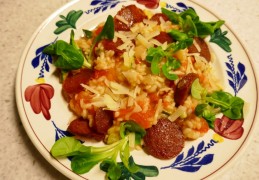 Tomaten Risotto met courgette  en salami.