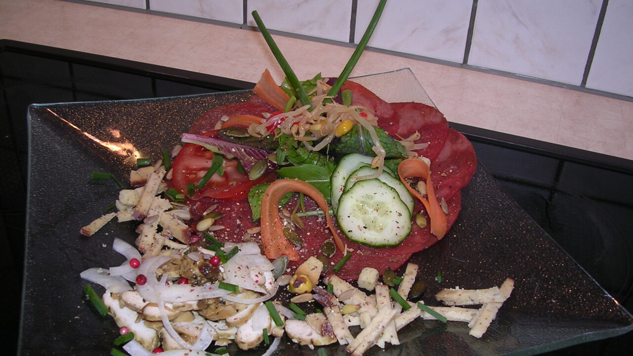 Gerookte kalkoen met carpaccio van runds