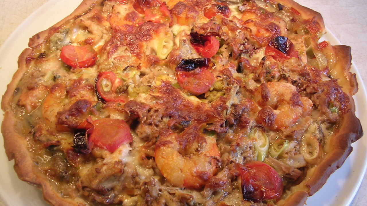Pizza met tonijn en scampi’s