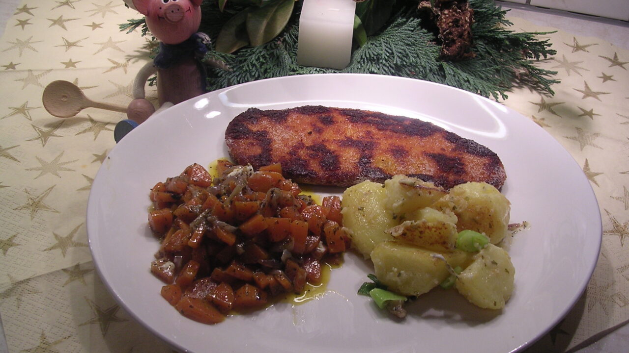 Kalkoen schnitsel met opgebakken wortelen
