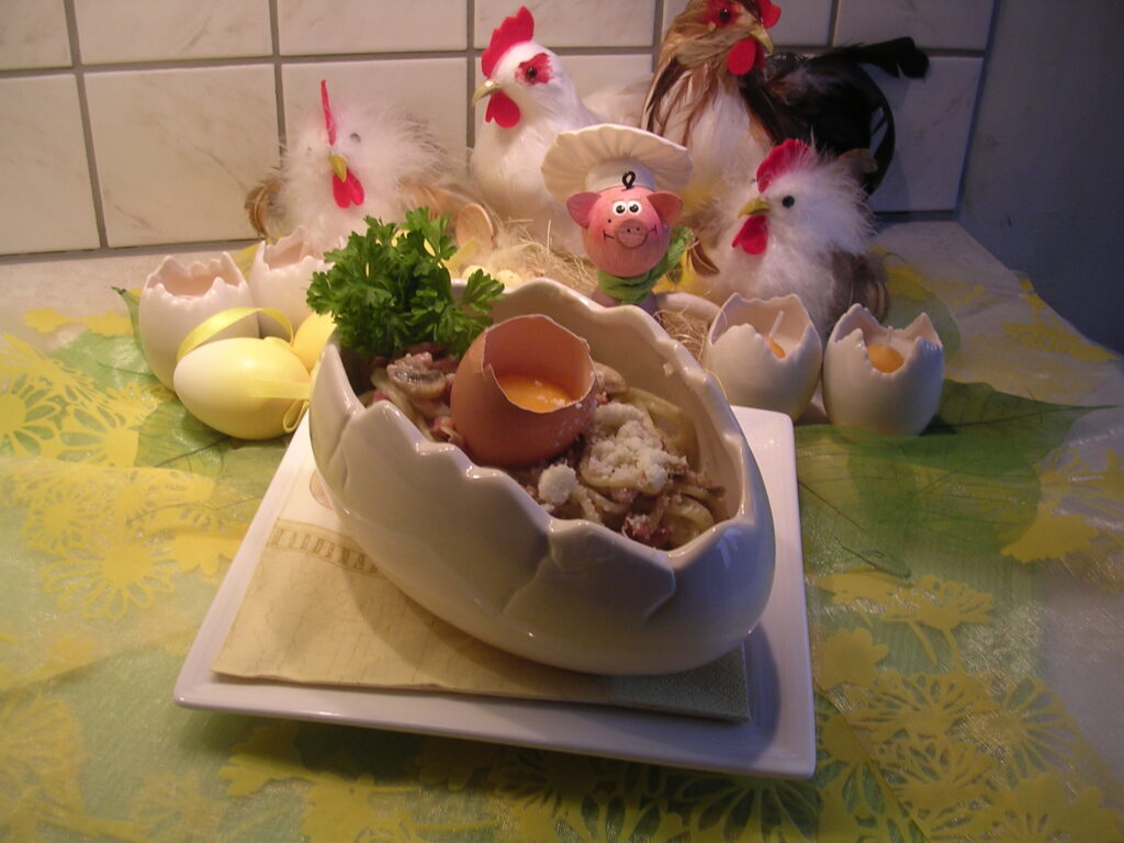 Spaghetti carbonara op zijn paasbest