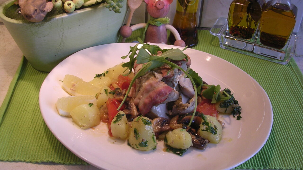 Koolvisfilet opgerold met ontbijtspek en …