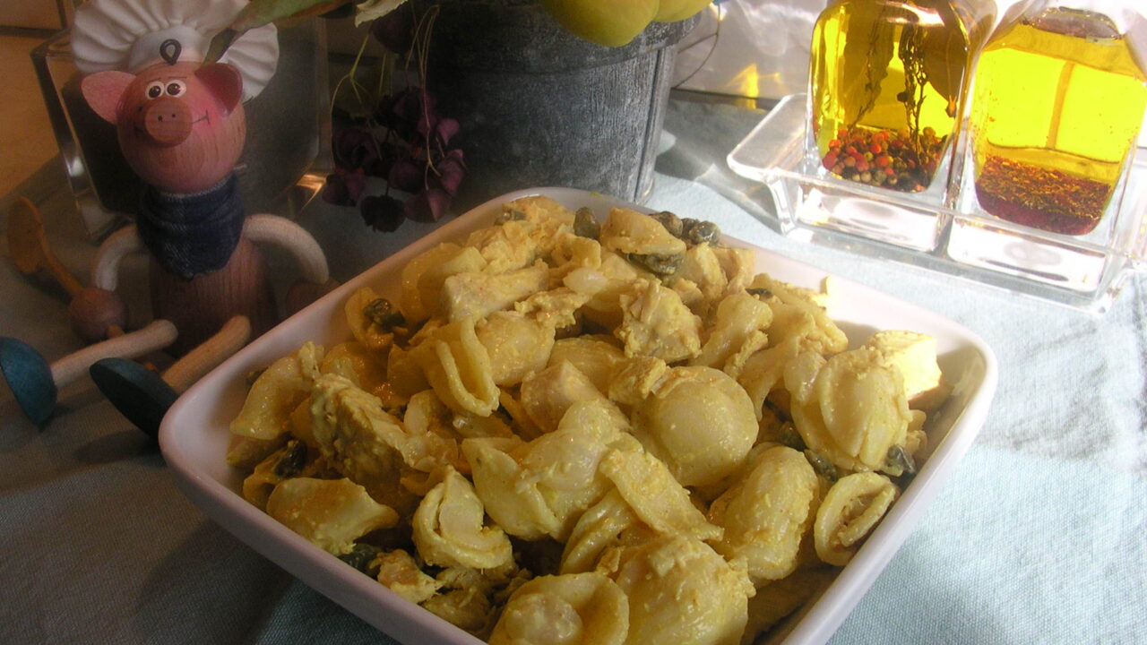 Schelpjes pasta met kippeblokjes en curry