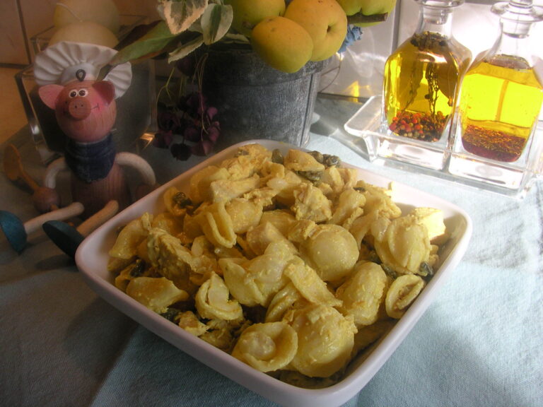 Schelpjes pasta met kippeblokjes en curry