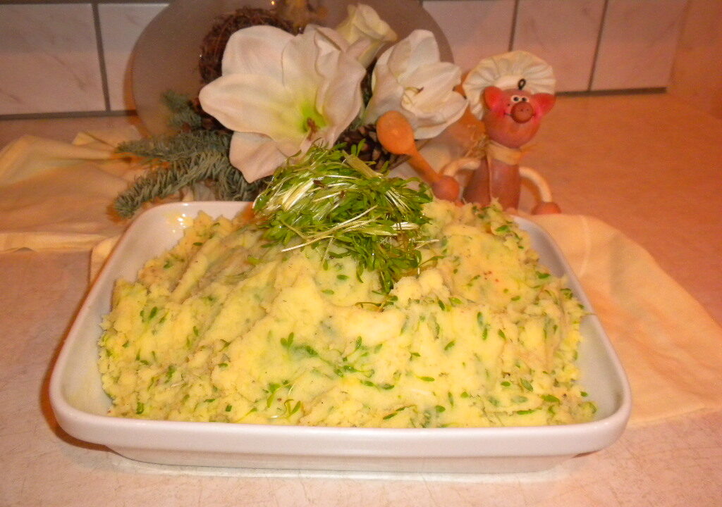 Aardappelpuree met tuinkers