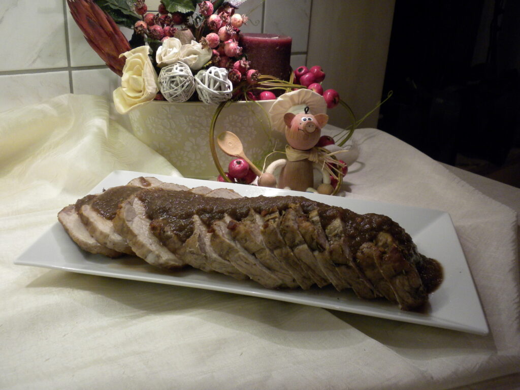 Varkensfiletgebraad met rode ajuin en rode porto
