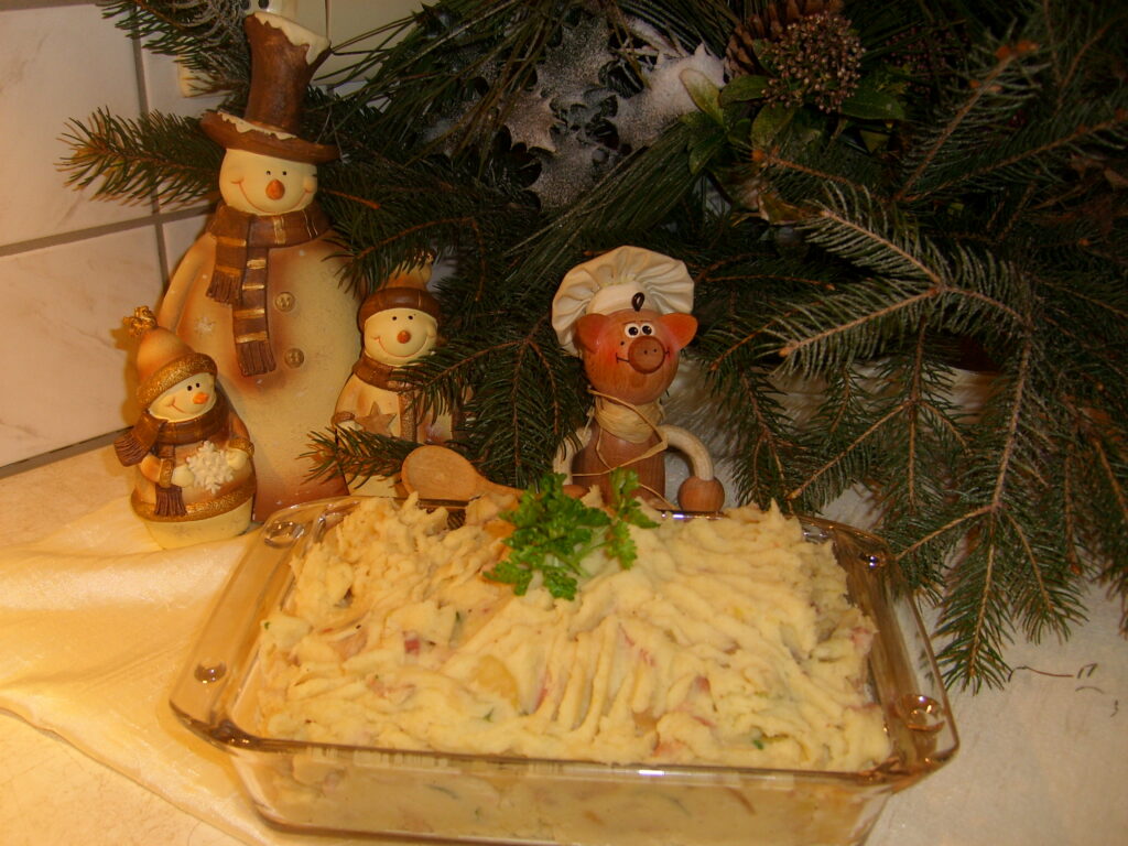 Aardappelpuree met appel, spek en champignons