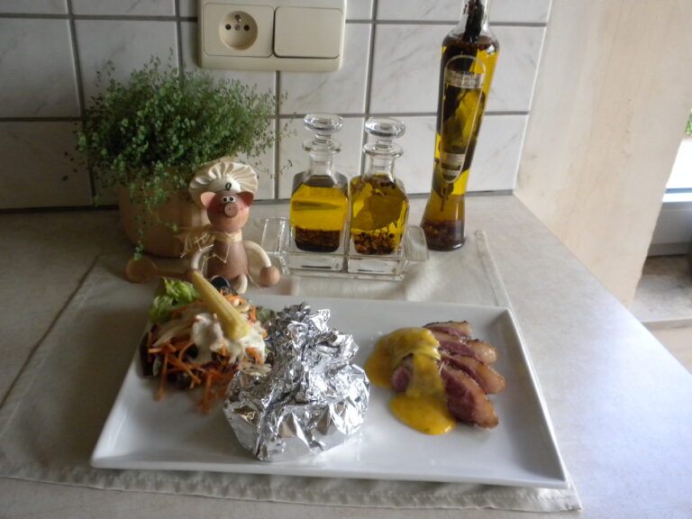 Eendenborst met mango en appelsien sausje