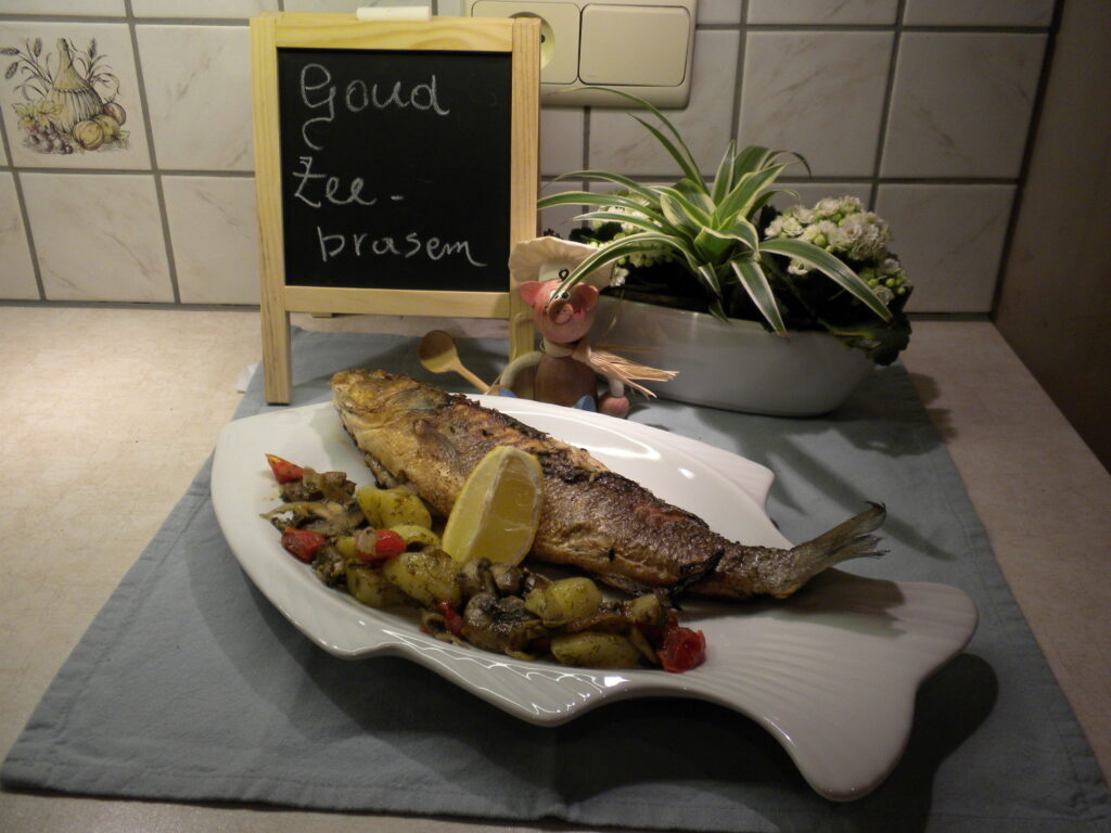 Goud zeebrasem krokant aangebakken