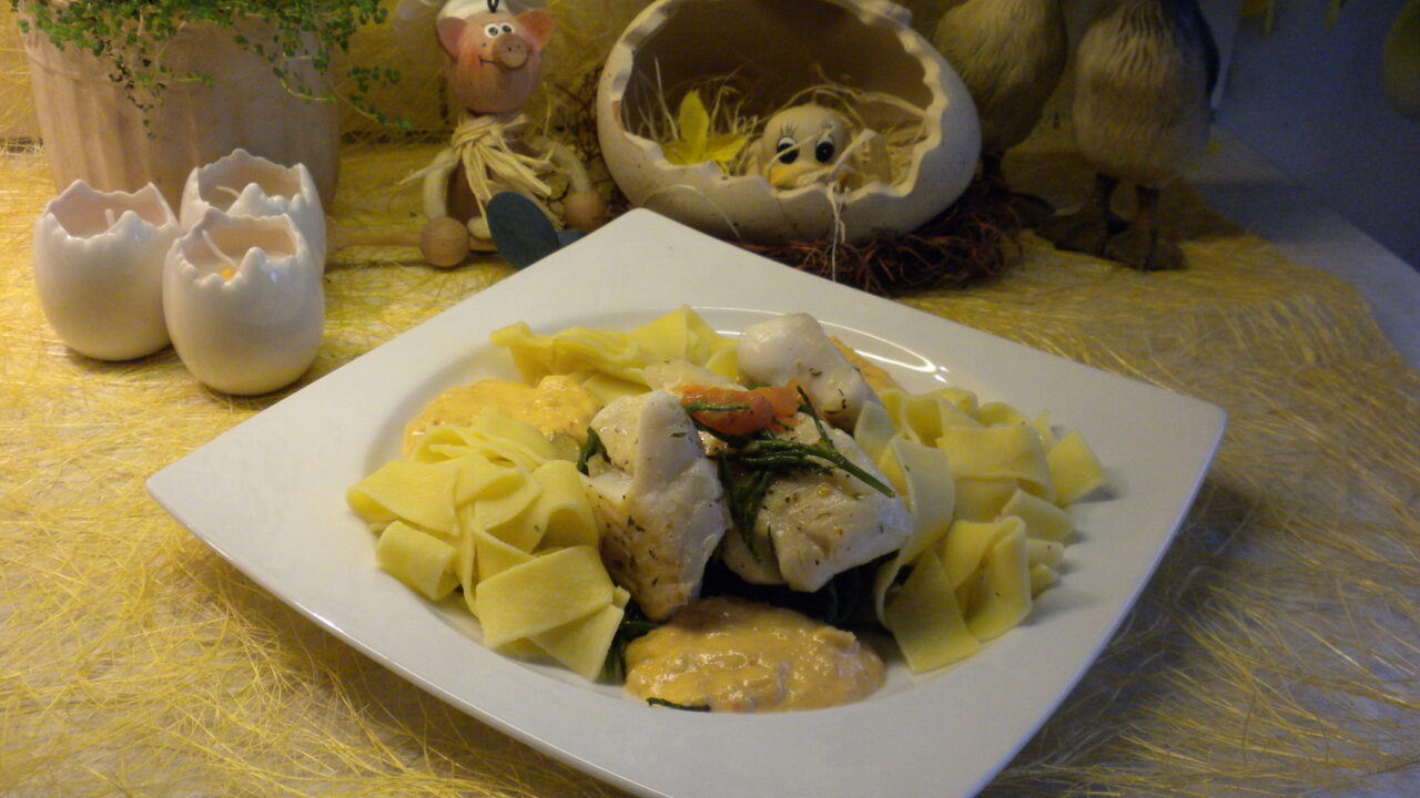 Pasta met zeeduivel op een bedje van zeekraal