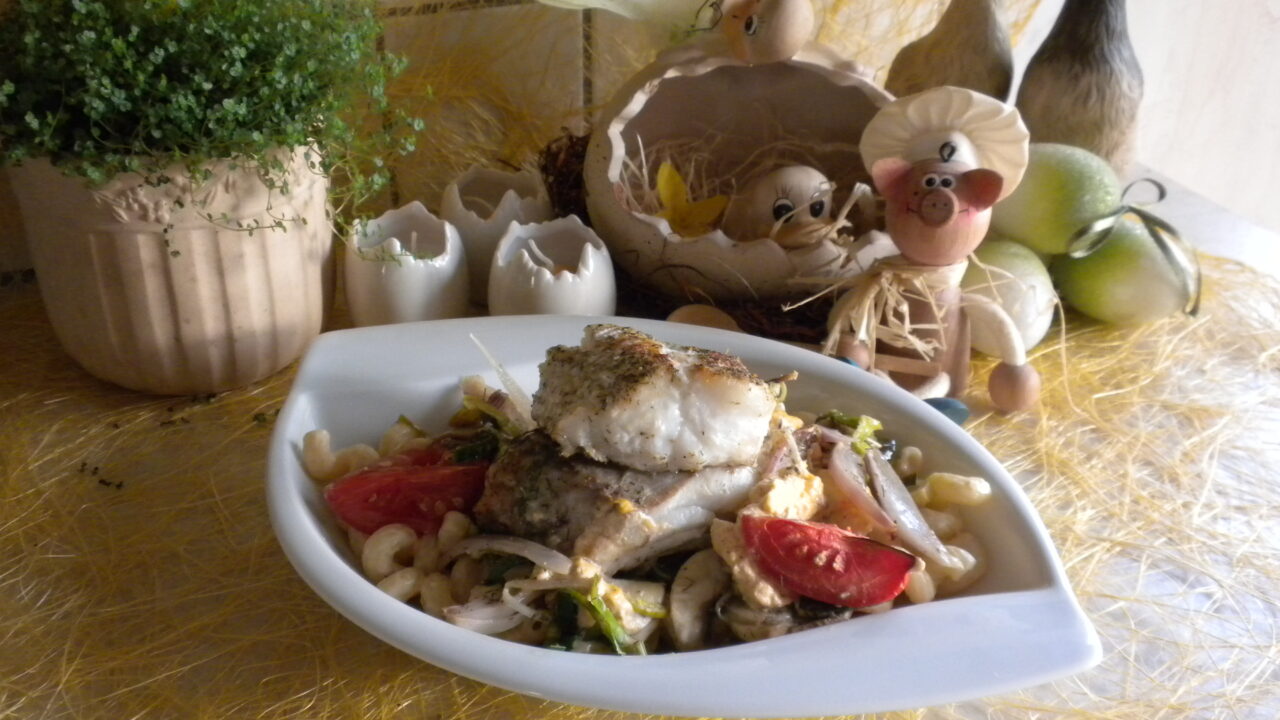Zwaardvis met groenten en pasta
