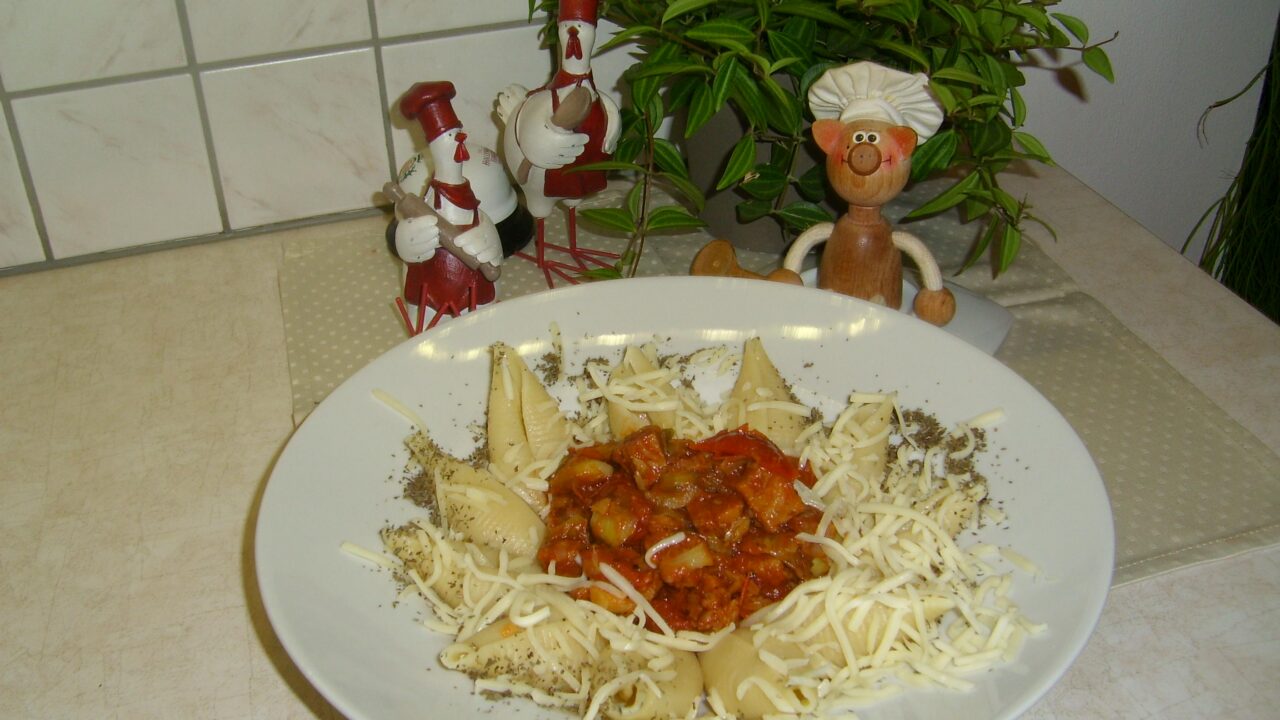 Reuze schelppasta vergezeld van tomatensaus en kippenblokjes
