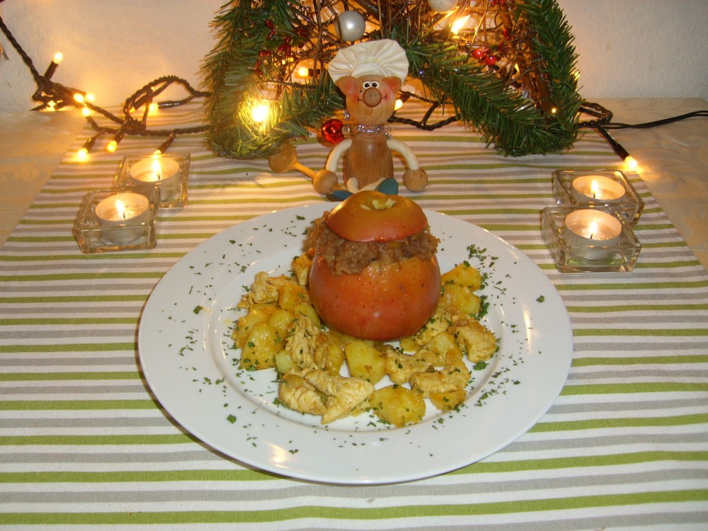 Vakantie dagschotel gevuld appeltje met kip en aardappelen